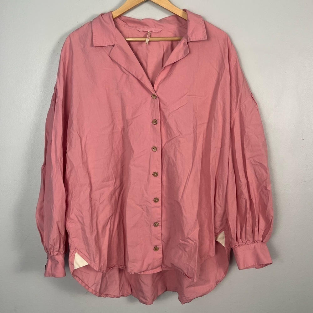 Free people balloon sleeve pink button down cotton blouse size large